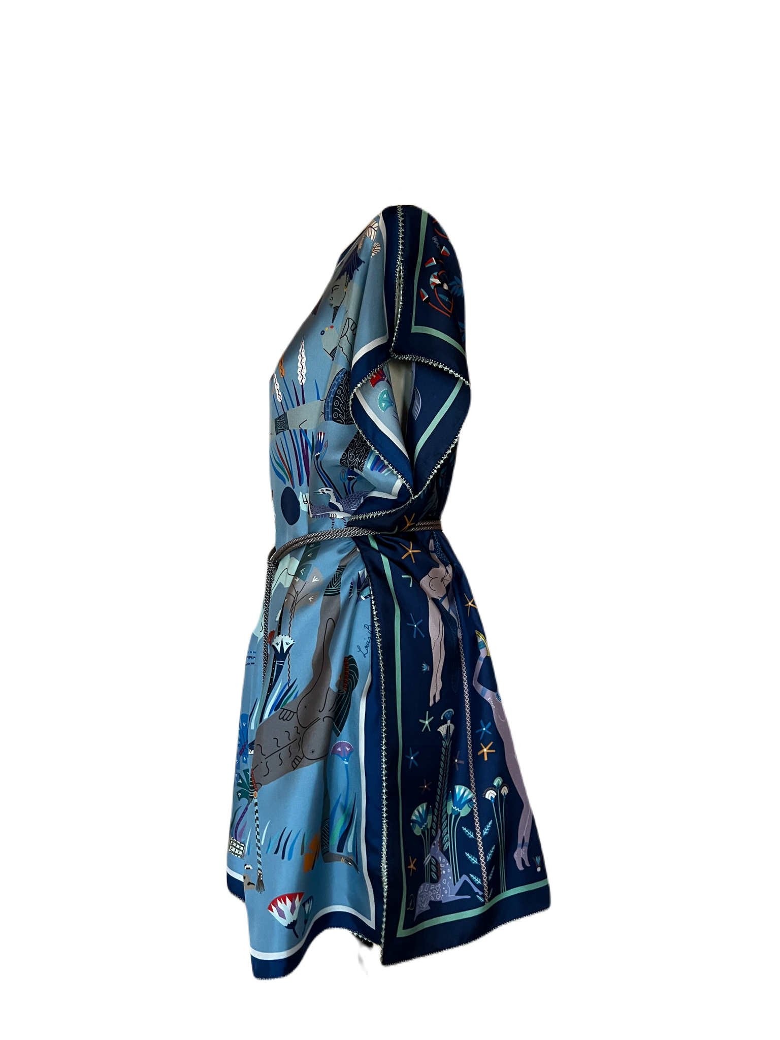 PRINTED SILK SCARF DRESS, BLUE