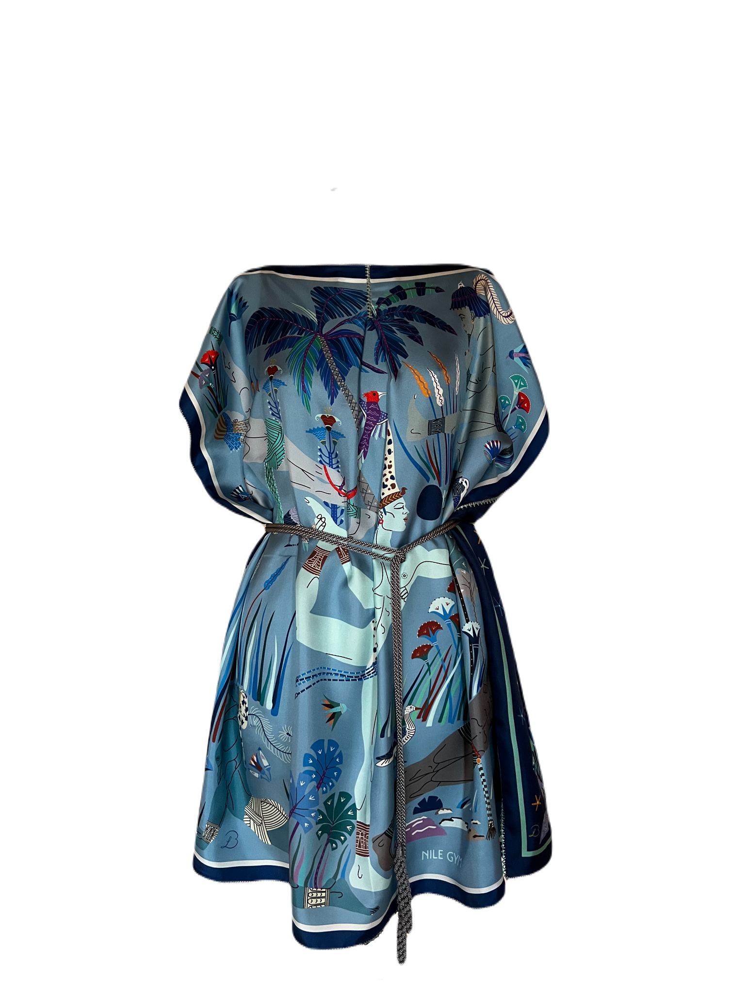 PRINTED SILK SCARF DRESS, BLUE