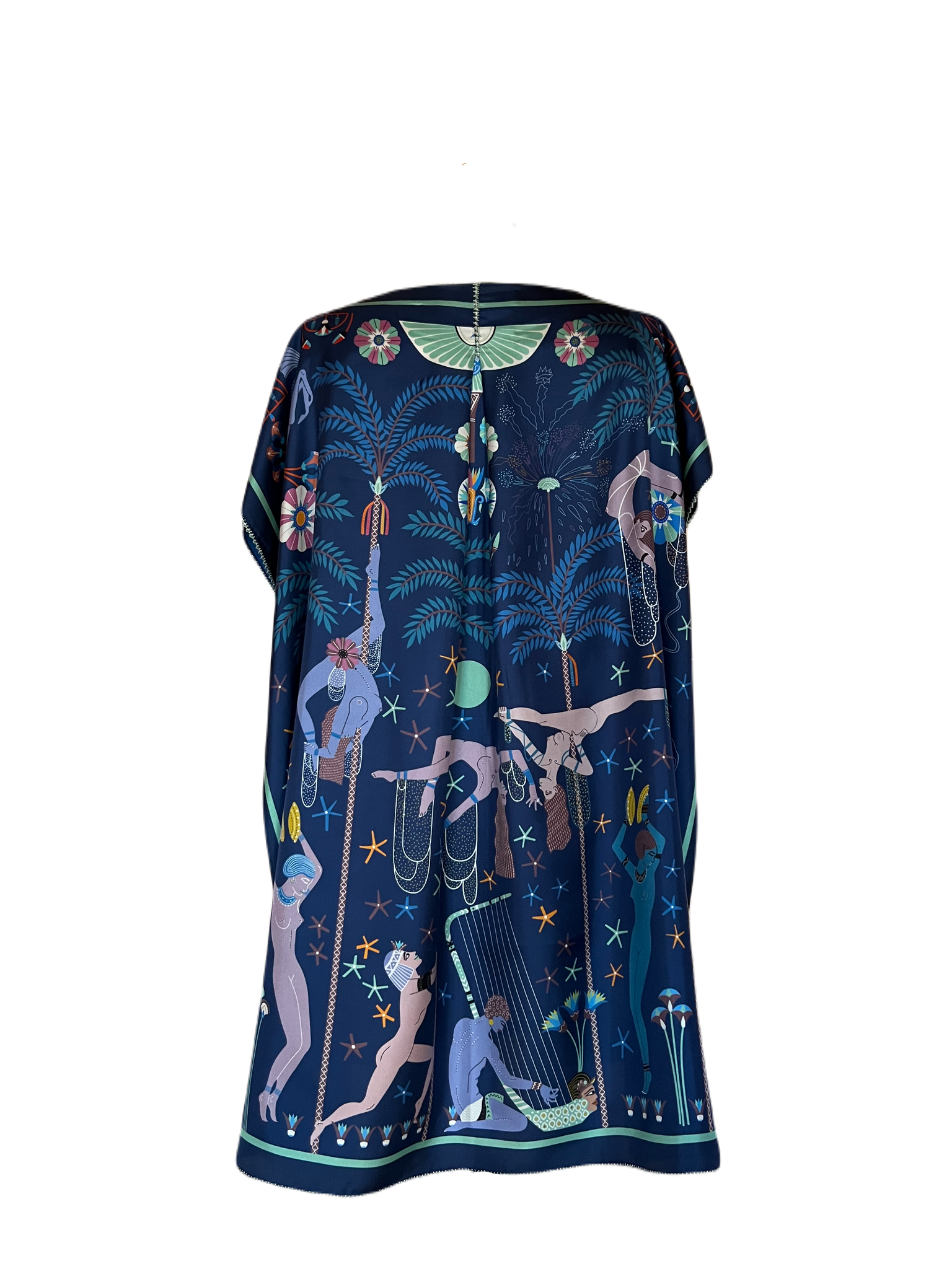 PRINTED SILK SCARF DRESS, BLUE