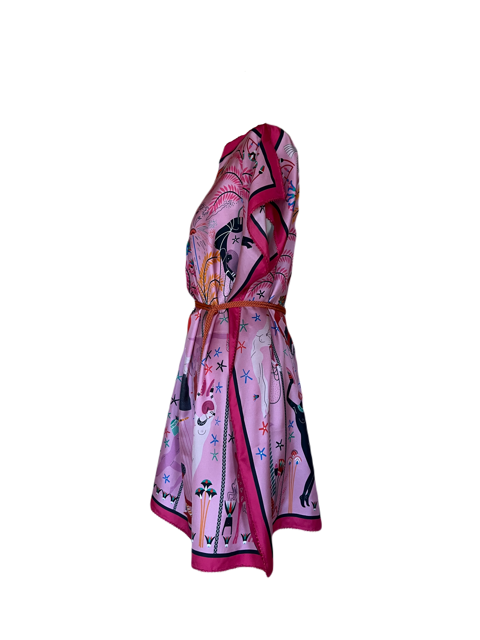 PRINTED SILK SCARF DRESS, RUBY